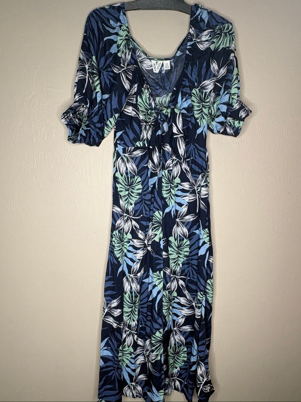 Roxy Women's Blue Tropical Floral Maxi Boho Dress Tie Front 3/4 Sleeve Size Larg